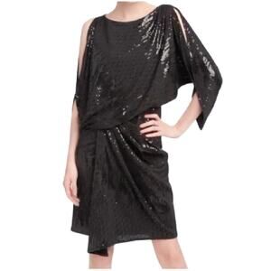 David Meister Black Sequin Draped Slit Sleeve Cocktail Dress Blouson